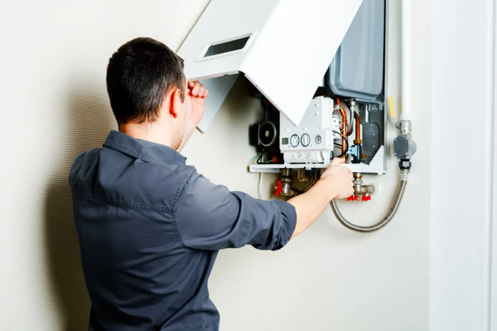 Technician inspecting and adjusting a gas boiler installation, focusing on maintenance and efficiency in a residential setting.
