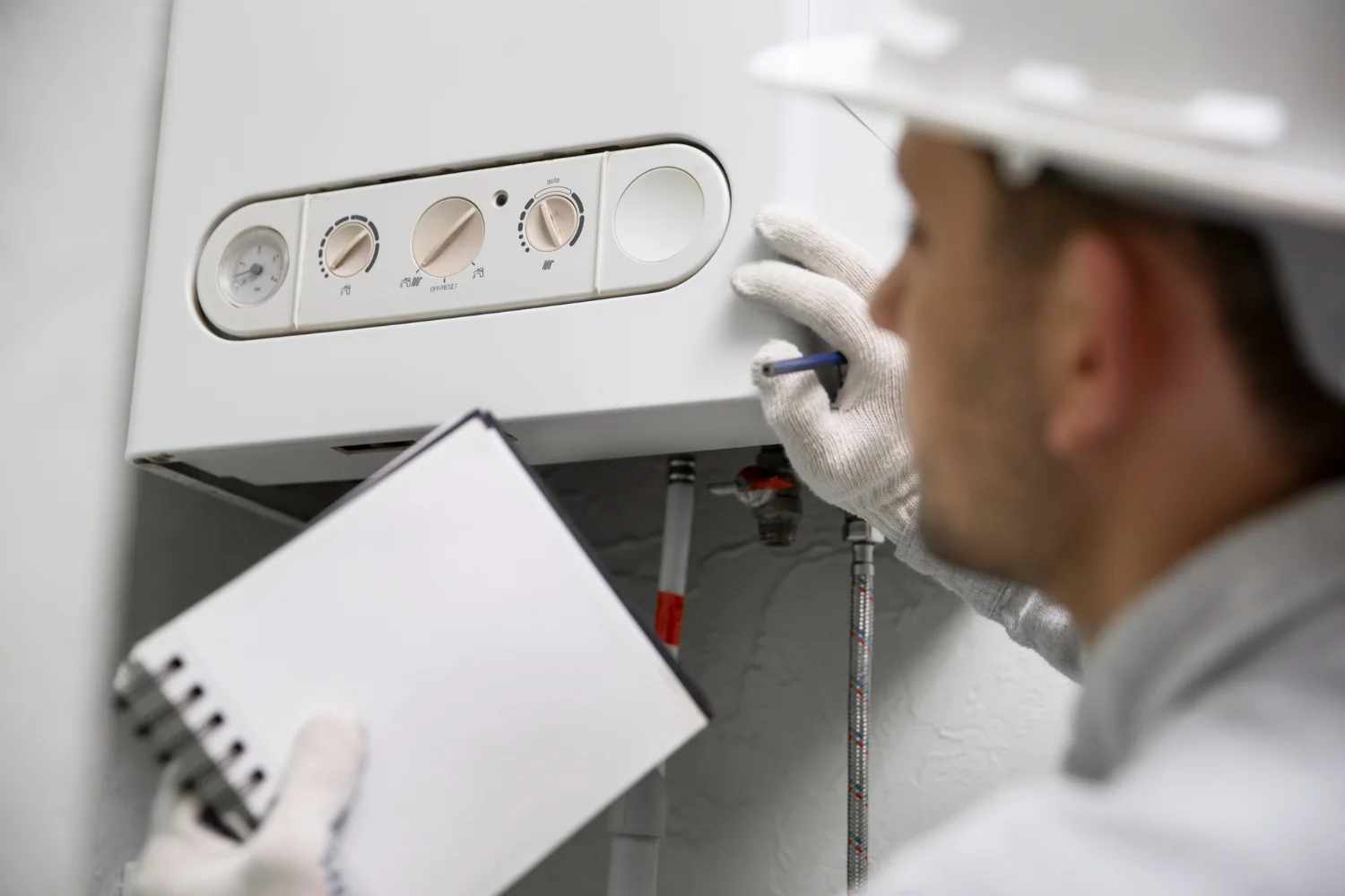 Engineer servicing domestic gas boiler unit