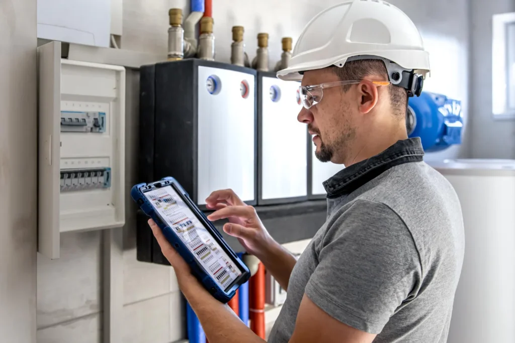 Engineer using tablet at electrical control panel