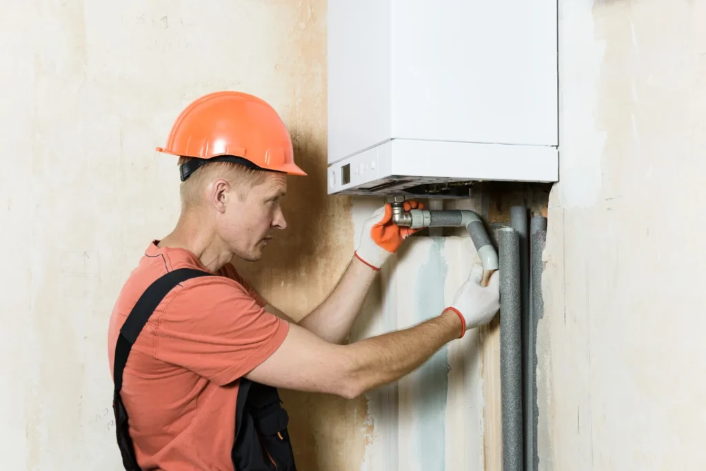 Engineer repairing wall-mounted boiler and pipes