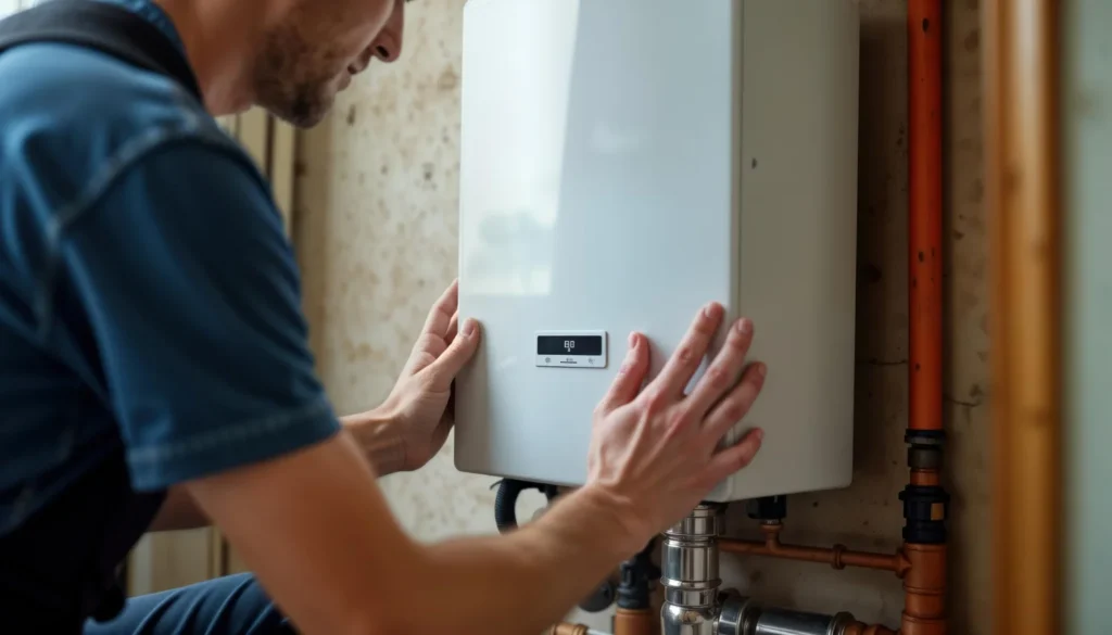 Man installing wall-mounted gas boiler unit