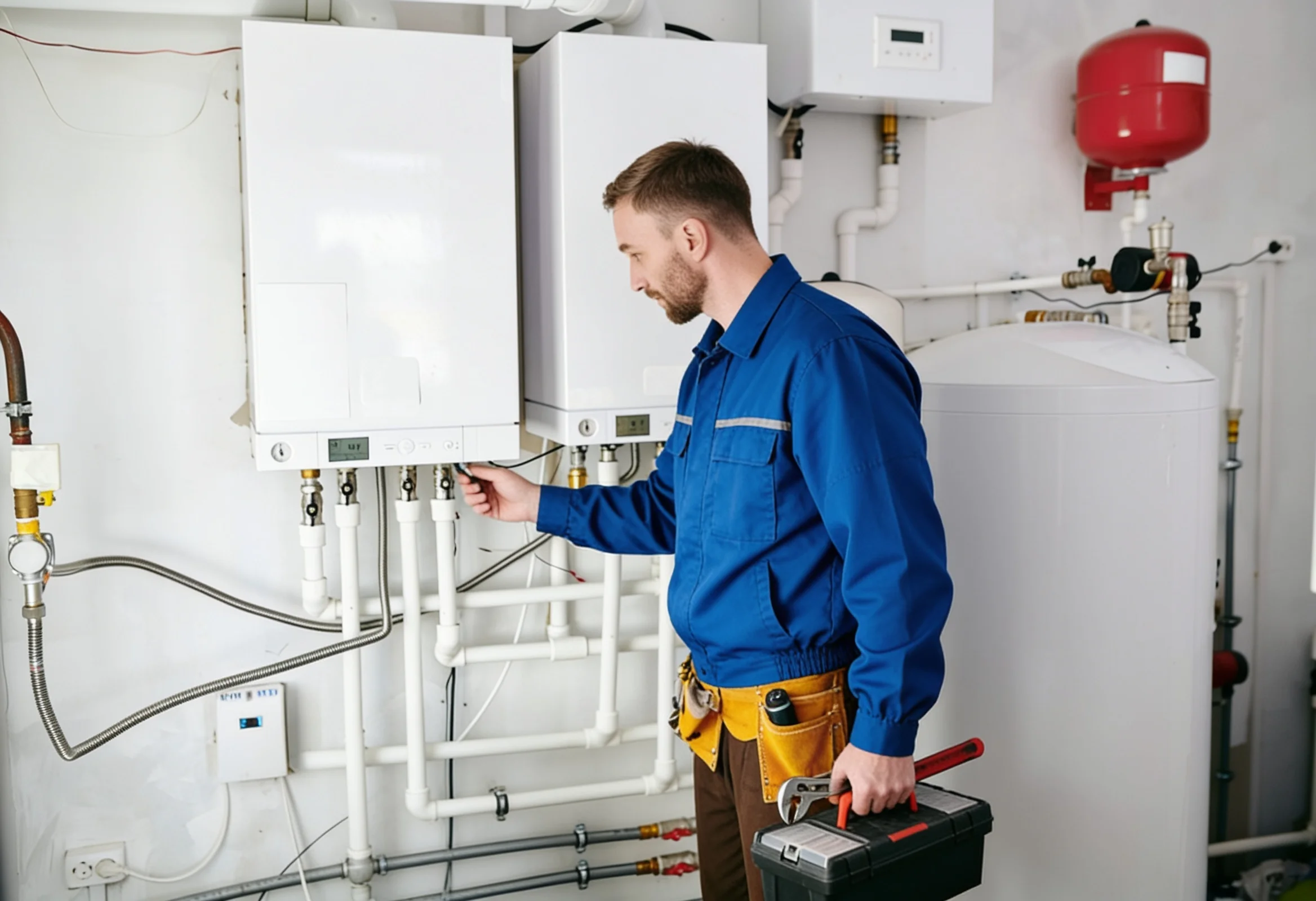 Plumber servicing wall-mounted boiler in utility room