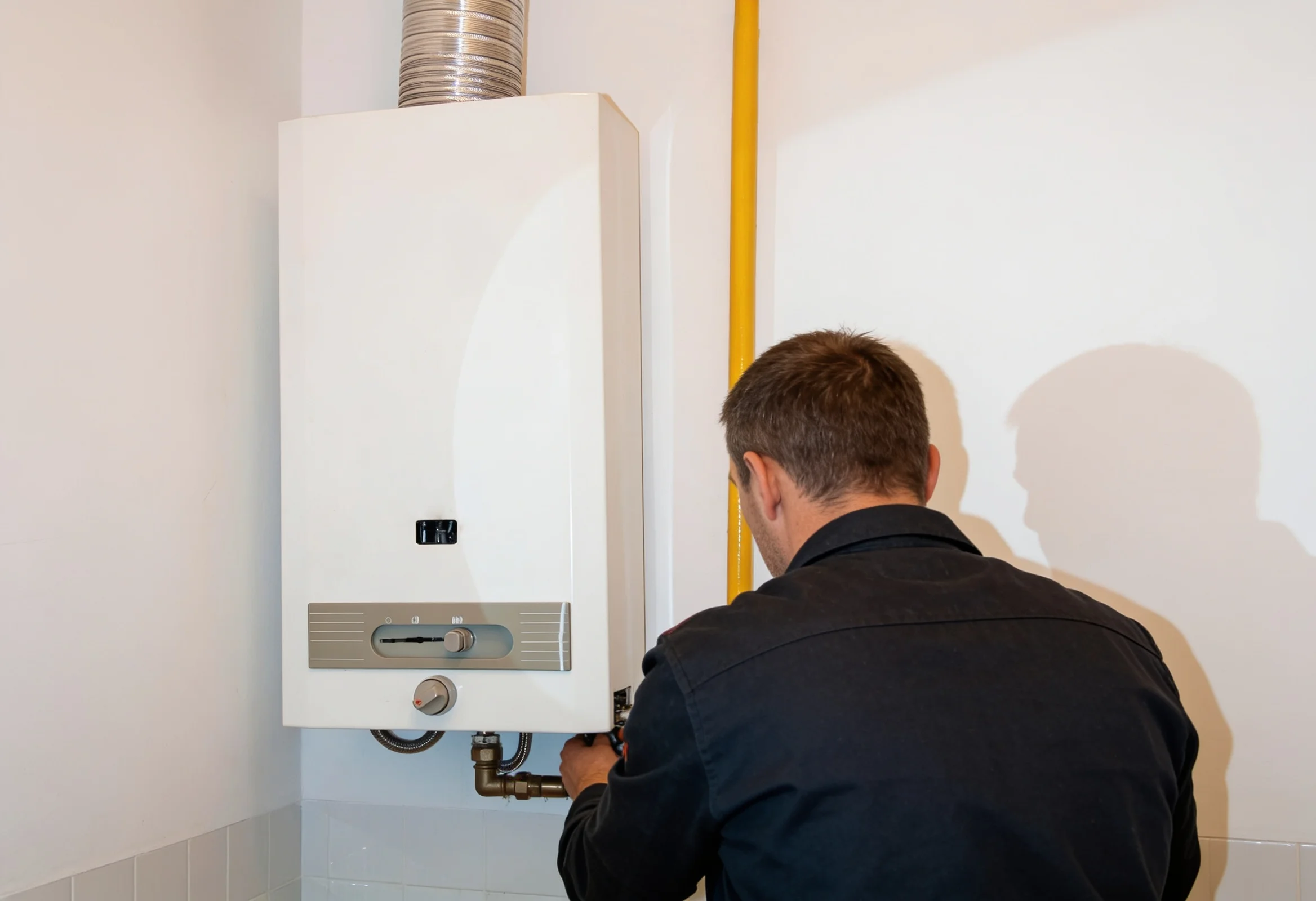Engineer servicing a wall-mounted gas boiler