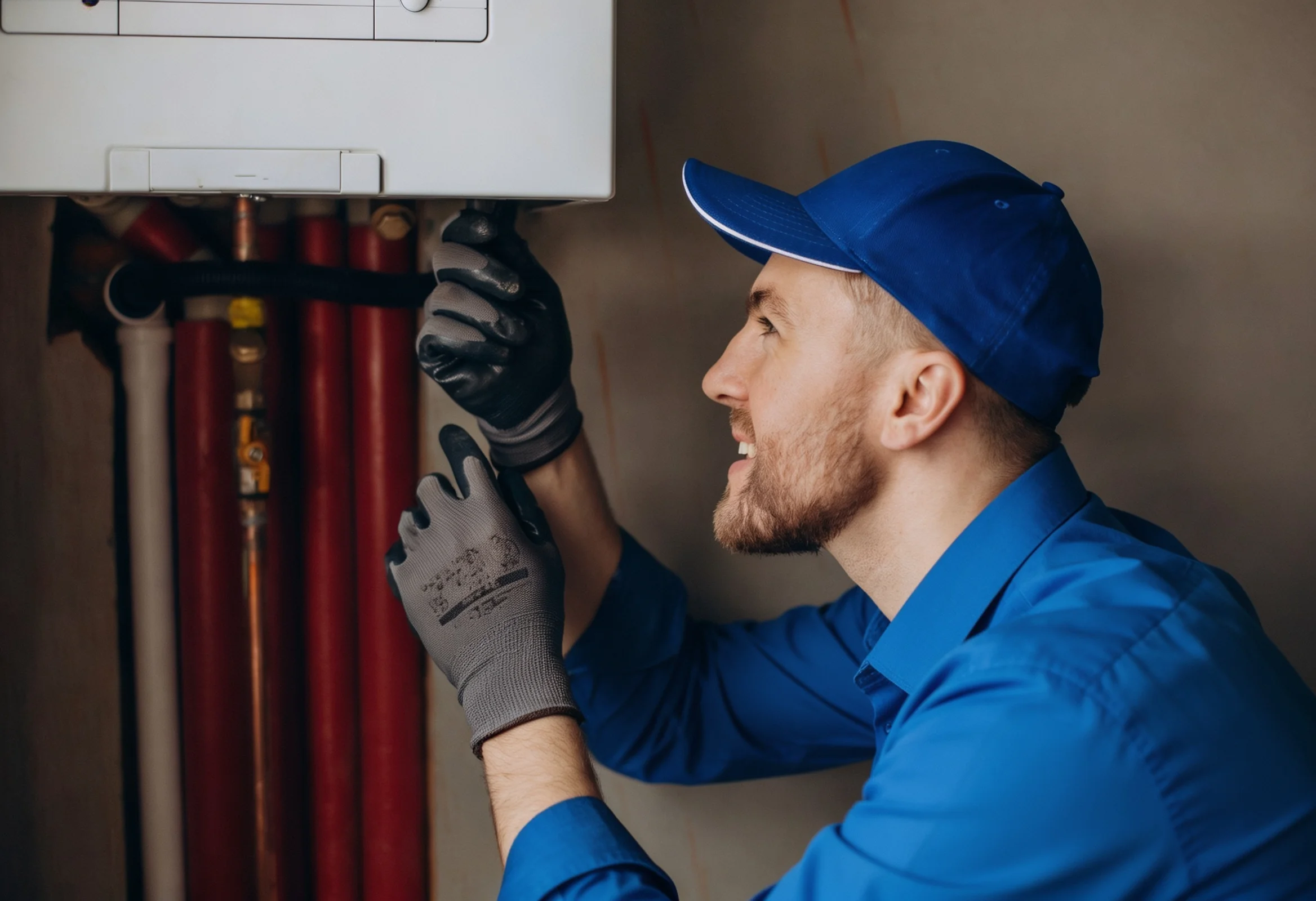 Plumber repairing wall-mounted boiler and pipes