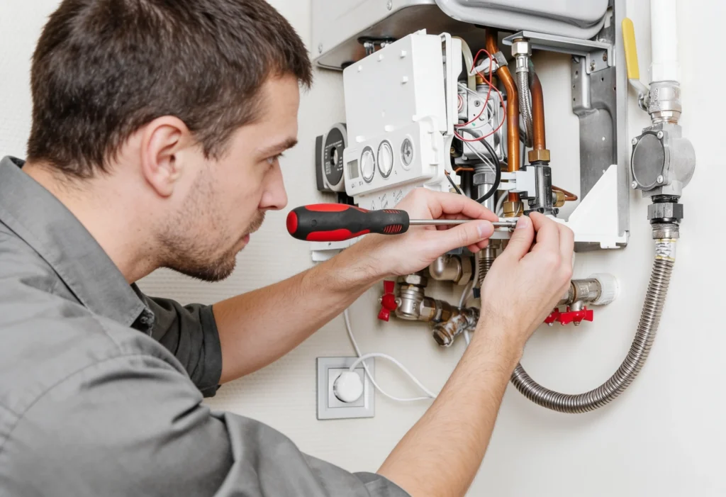 Engineer repairing domestic boiler with screwdriver