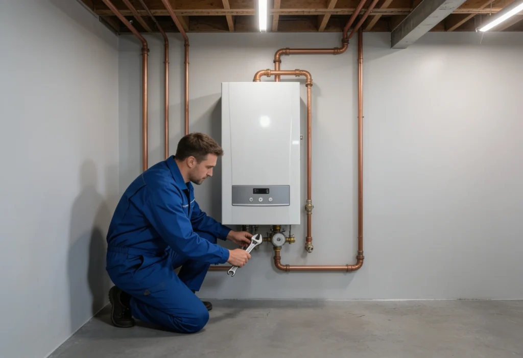 Engineer servicing wall-mounted boiler with spanner