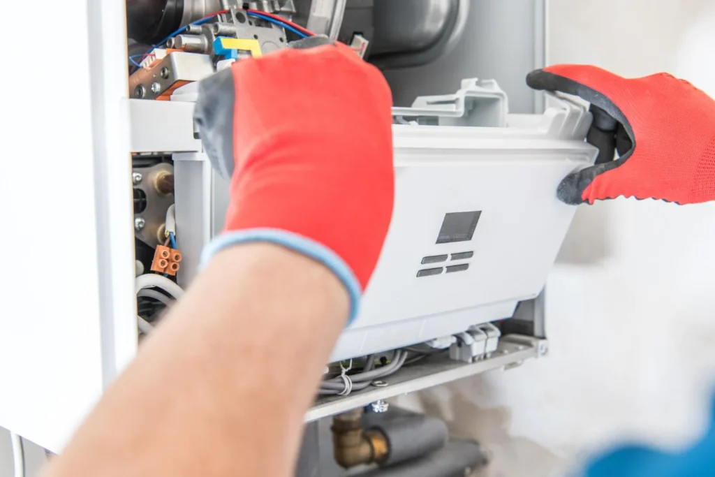 Technician installing boiler control panel indoors