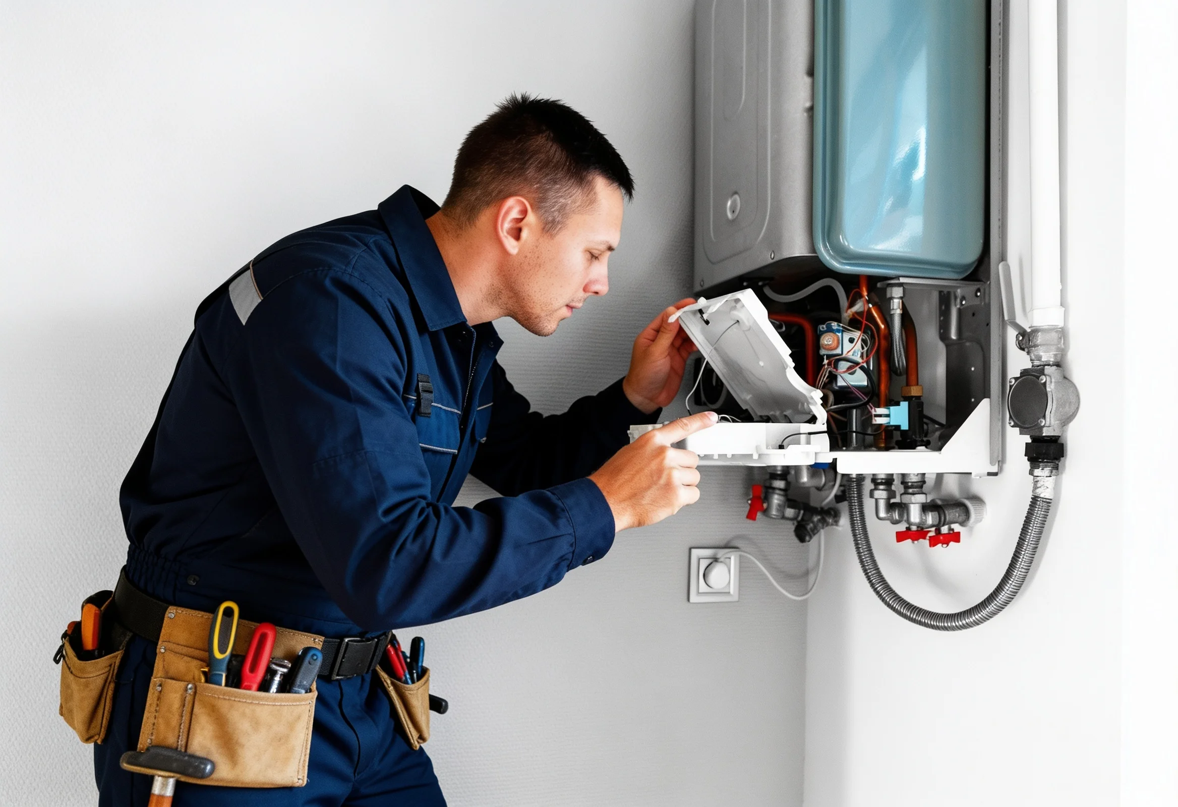 Engineer repairing wall-mounted gas boiler at home