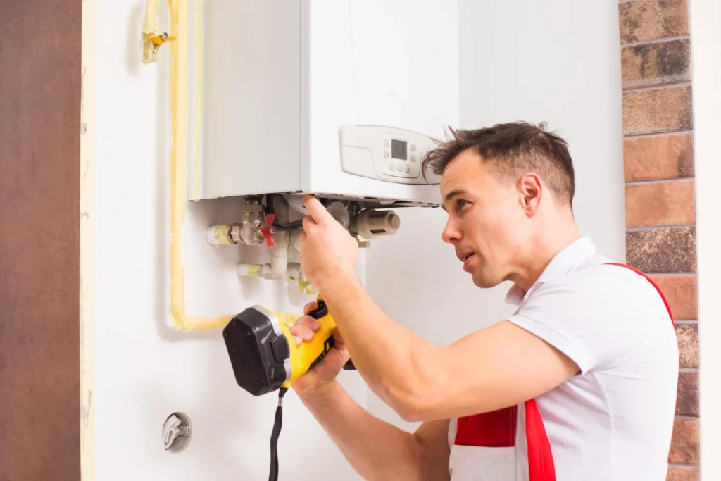Technician repairing wall-mounted boiler with power drill