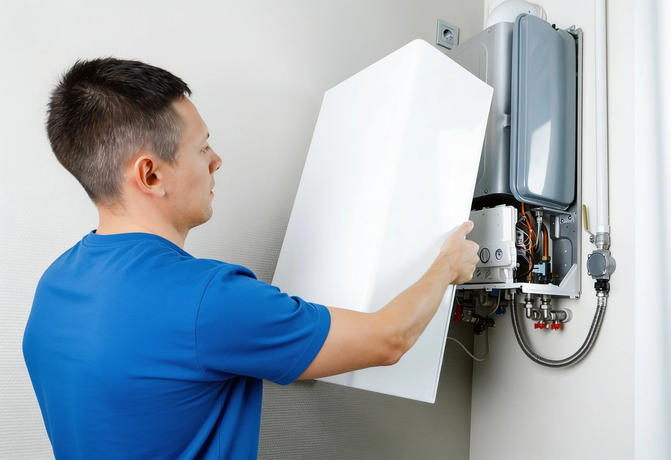 Engineer servicing wall-mounted gas boiler