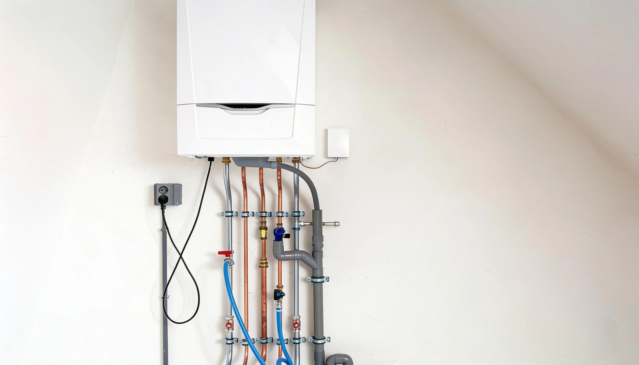 Wall-mounted boiler with exposed copper pipework