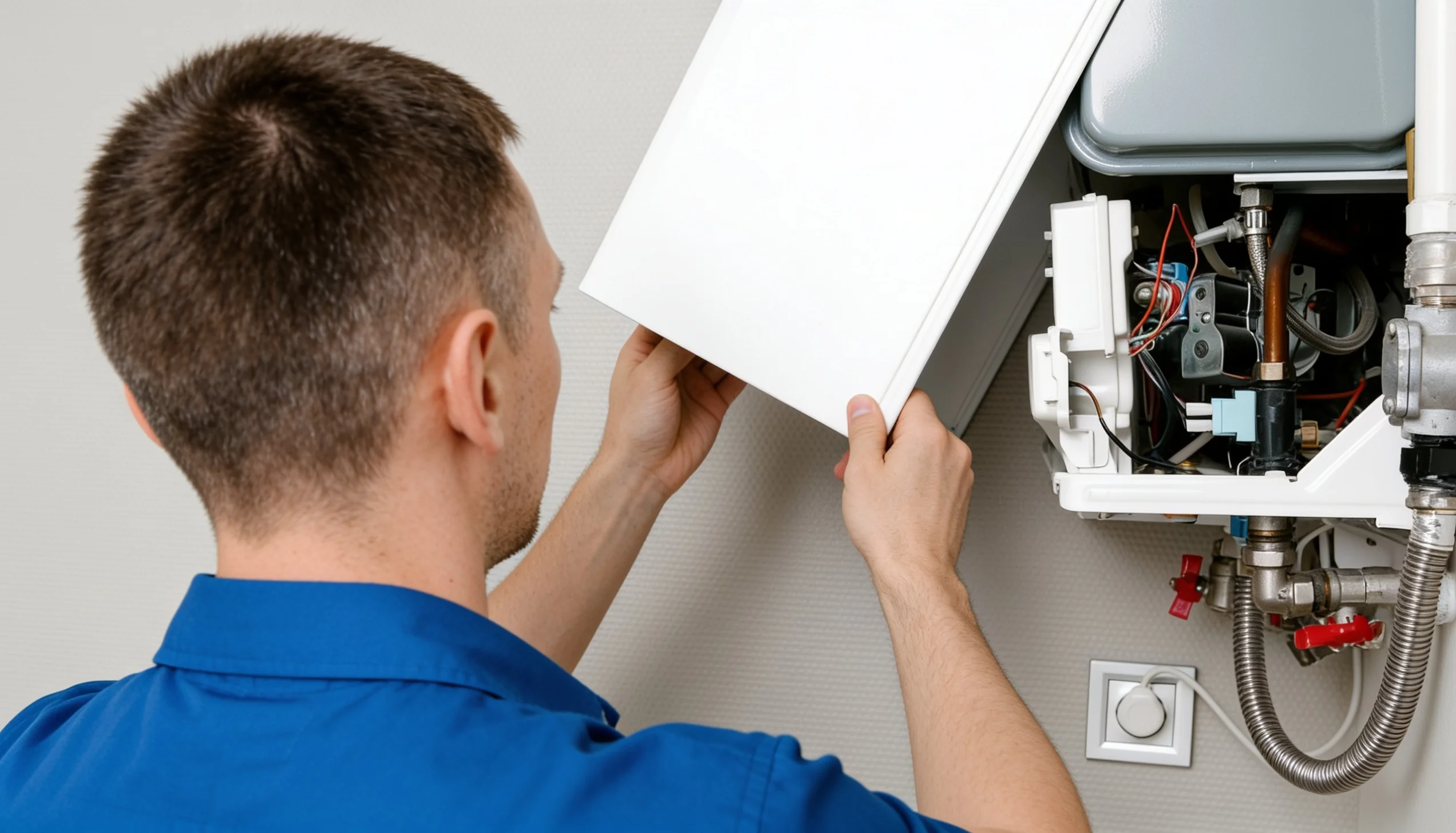 Engineer inspecting wall-mounted boiler components