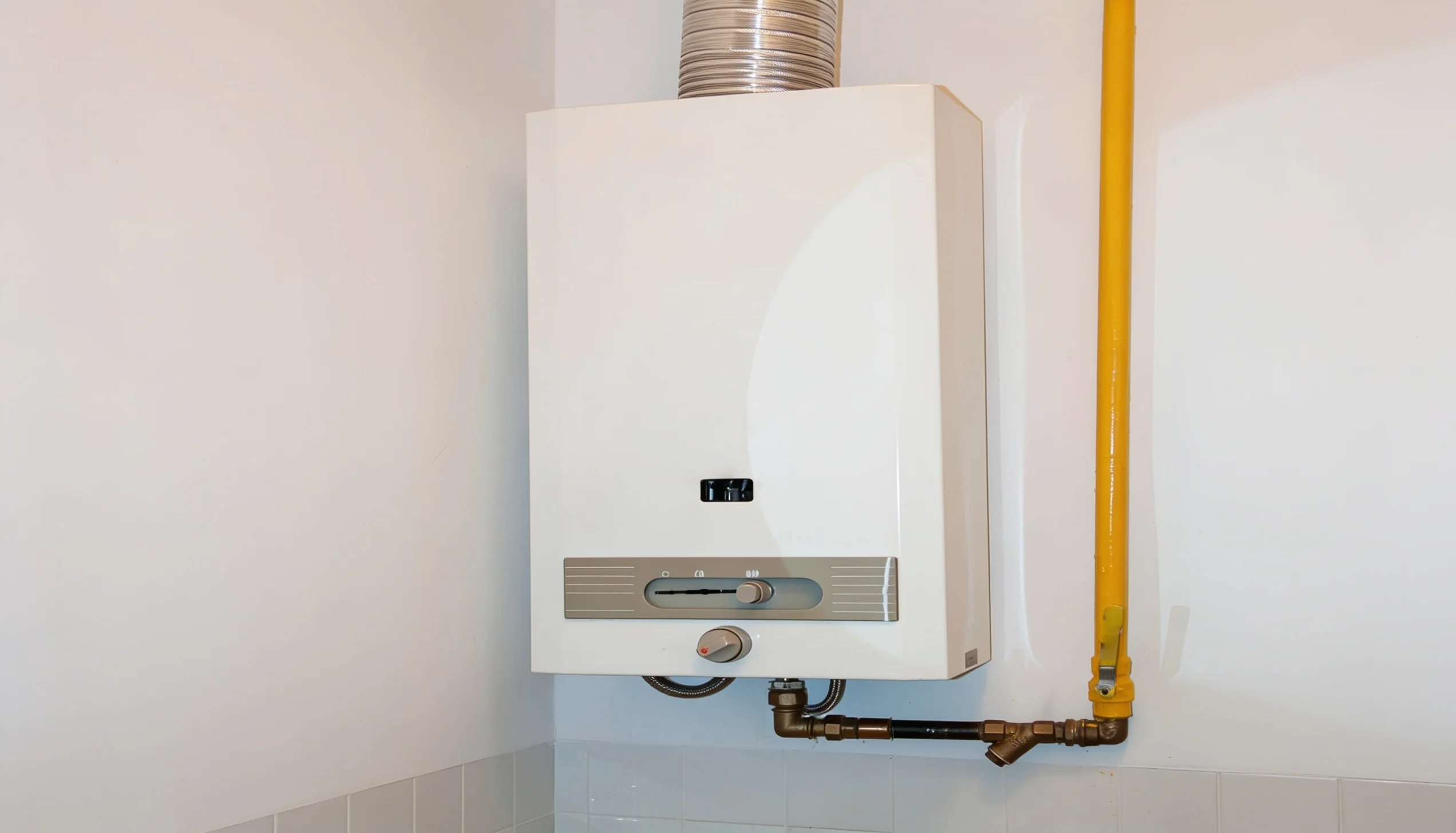 Wall-mounted gas boiler with yellow gas pipe