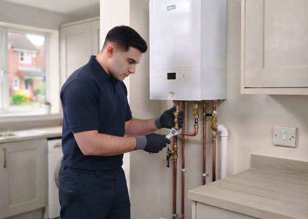 Plumber servicing a wall-mounted boiler with a spanner