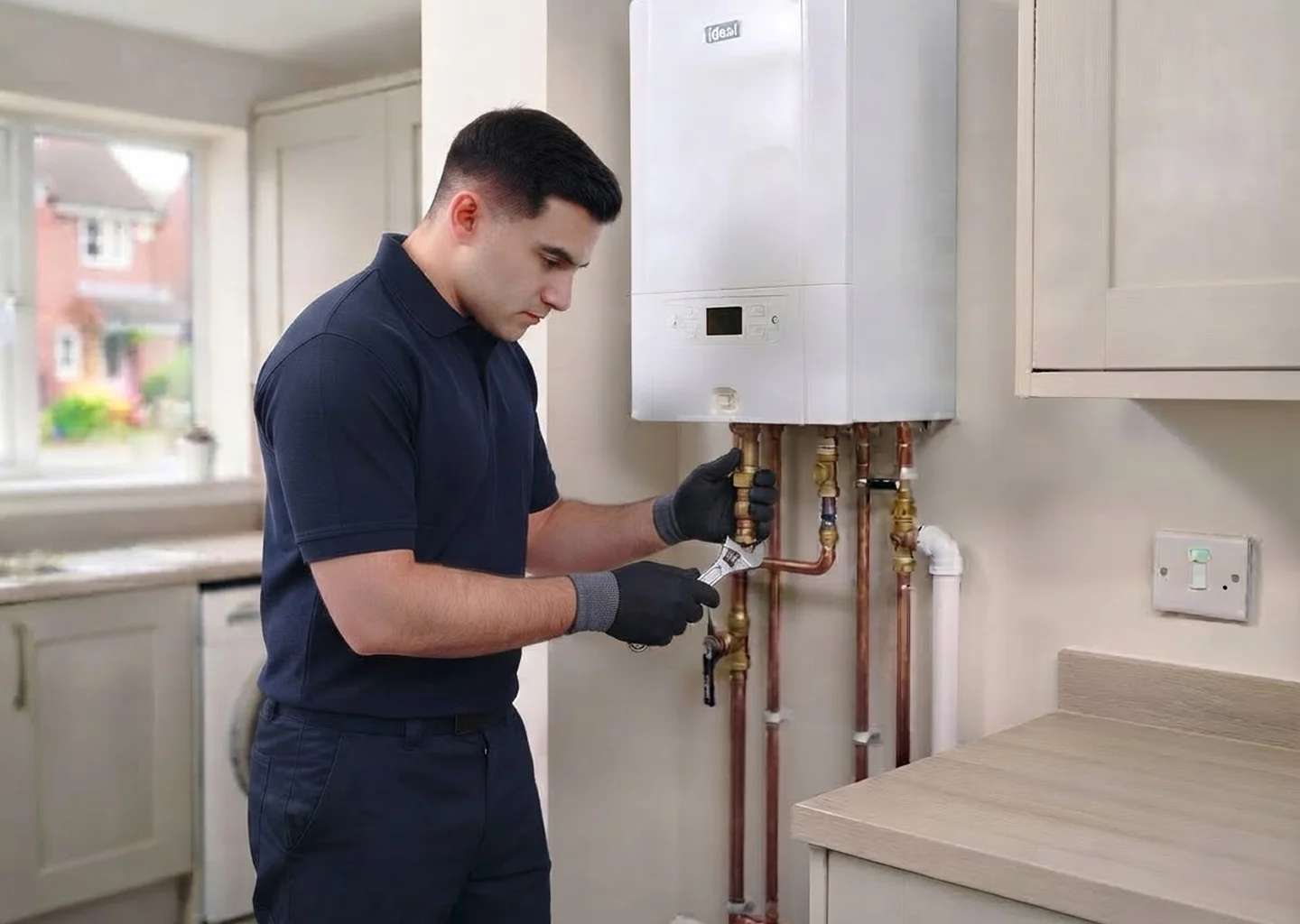 Plumber servicing a wall-mounted boiler with a spanner