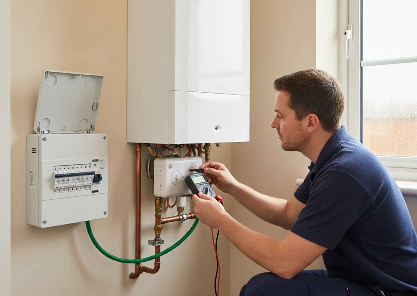 Engineer testing wall-mounted boiler controls with a multimeter