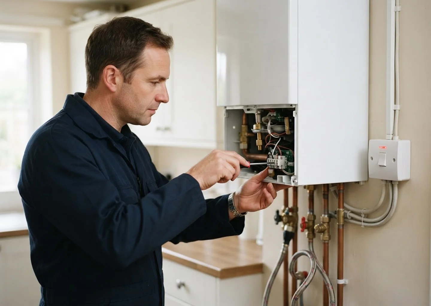 Heating engineer servicing a wall-mounted boiler