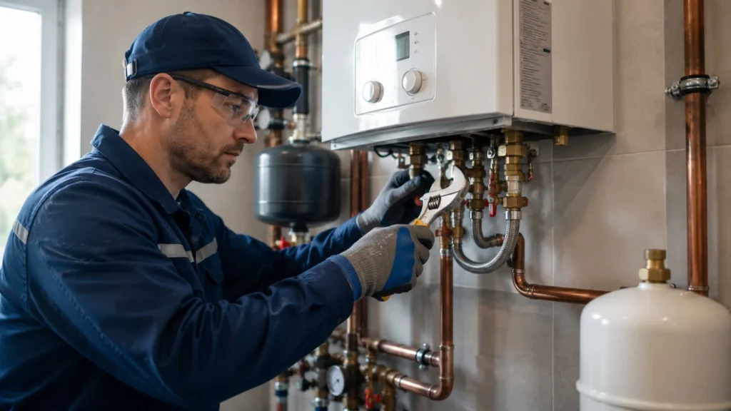 Heating engineer servicing a wall-mounted boiler