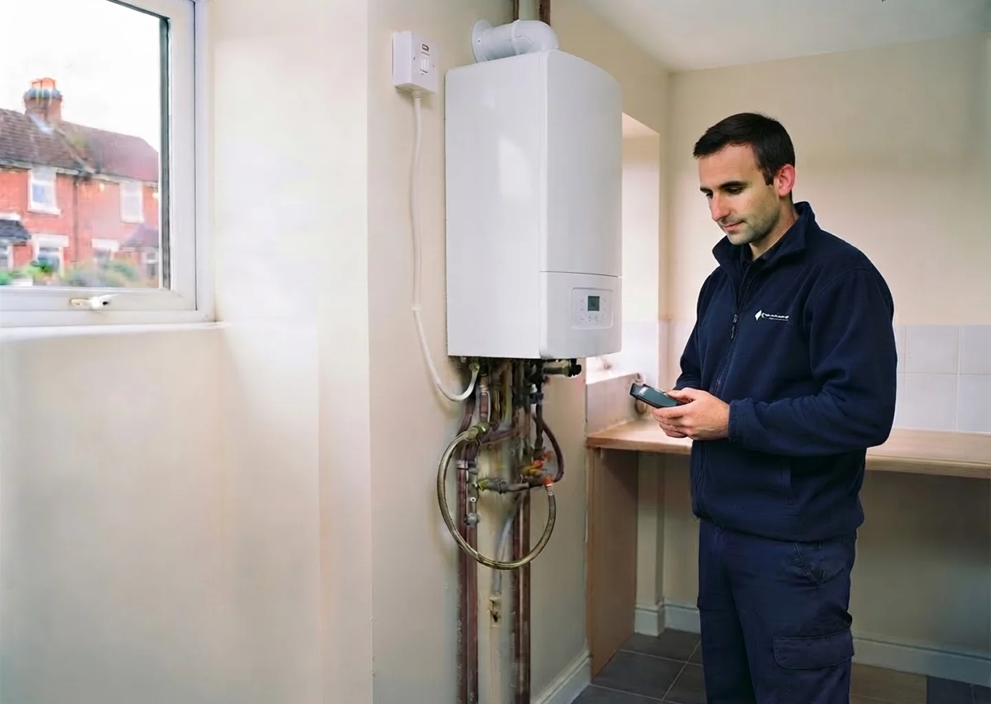 Heating engineer checks wall-mounted boiler with smartphone