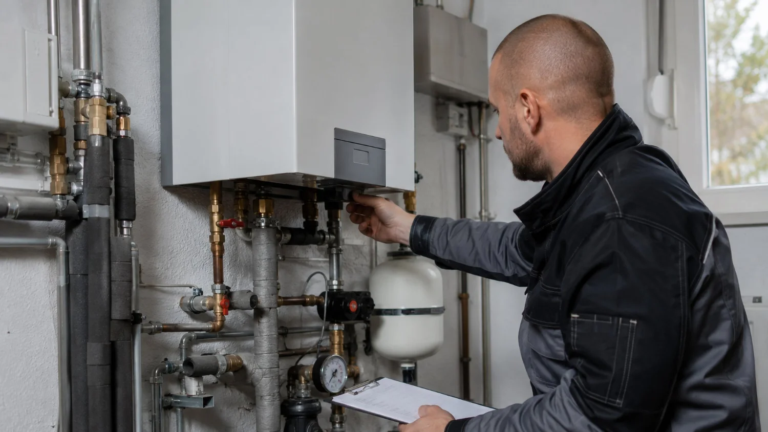 Heating engineer servicing a wall-mounted boiler and pipework