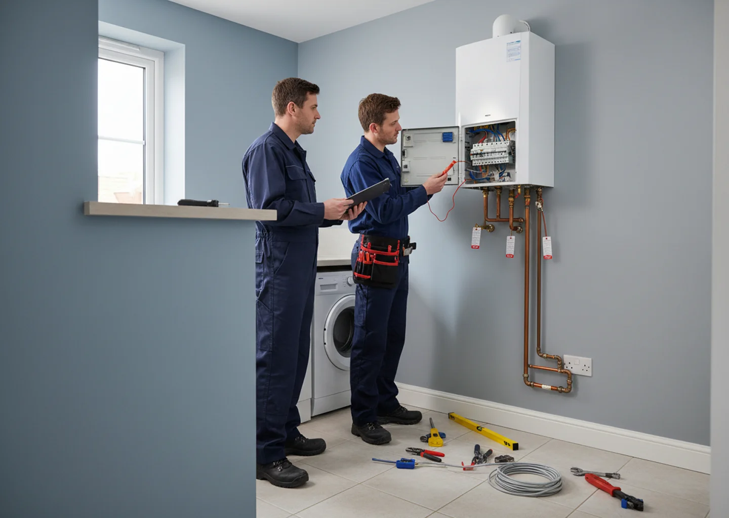 Engineers inspecting a wall-mounted boiler and electrical panel